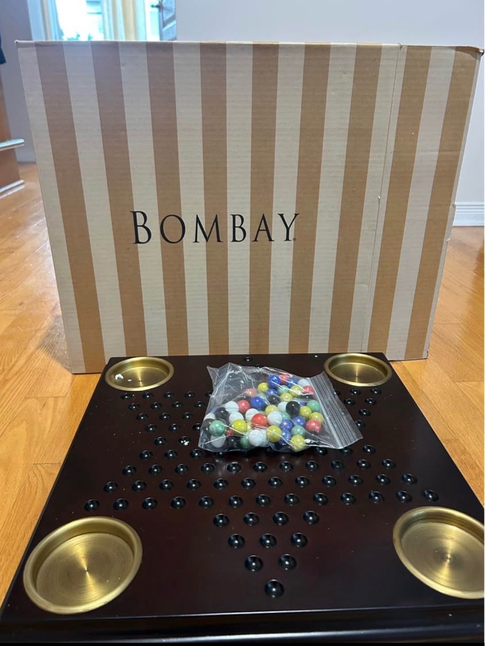 Bombay Black Board Game with Brass Marble Cups and Multicolored Marbles